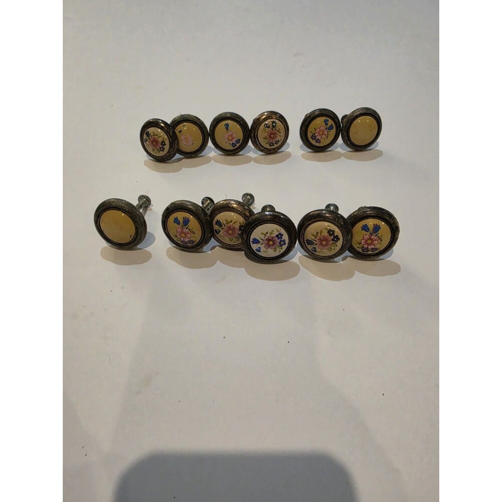 Lot Of 12 Porcelain And Brass Drawer Pulls Floral Pattern See Description